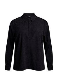 Schwarzes Langarmshirt mit Kragen und Knopfleiste, aus strukturiertem Stoff mit weichem Finish und lässiger Passform.
