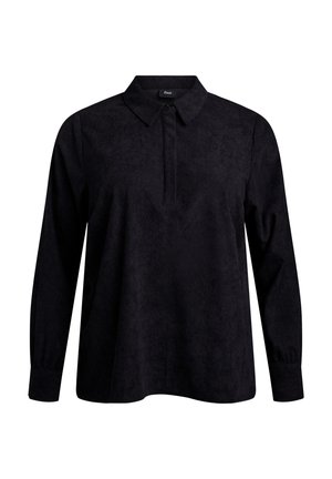 Melnas garām piedurknēm apģērbs ar apkakles kaklu un pogu rindu, izgatavots no teksturēta auduma ar mīkstu apdari un brīvu piegriezumu.