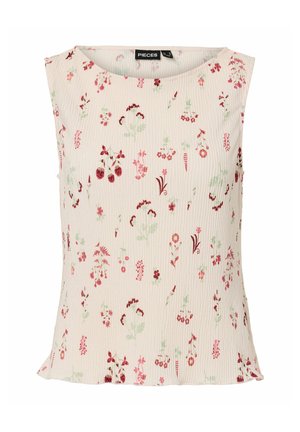 Blusa senza maniche color avorio con scollo rotondo che presenta piccole stampe floreali e di bacche rosse e rosa distribuite sul tessuto.