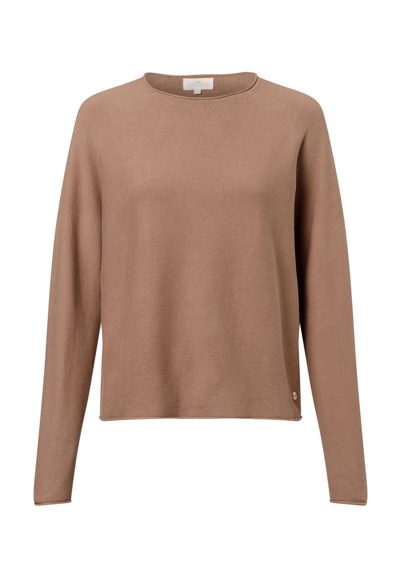 Maglione marrone a maglia con maniche lunghe, scollo rotondo e tessuto testurizzato. Presenta un piccolo logo del marchio sul lato.
