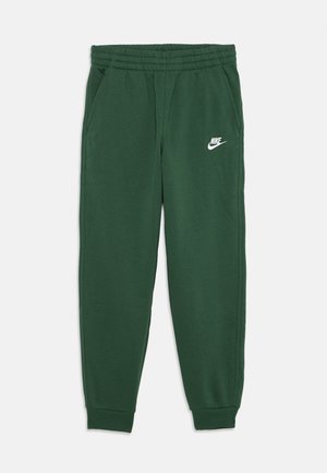 Green Nike sweatpants with an elastic waistband, side pockets, and a white logo on the left thigh. Soft fabric, tapered leg design.