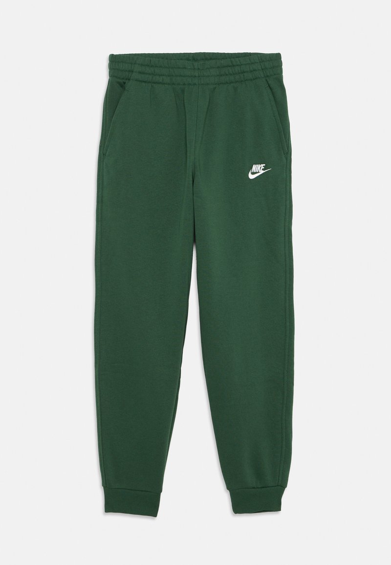 Zelene Nike trenirke z elastičnim pasom, stranskimi žepi in belim logotipom na levem stegnu. Mehka tkanina, zasnova s tapered nogavicami.