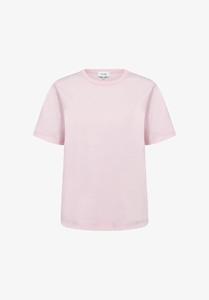 Világos rózsaszín rövid ujjú kerek nyakú póló egyenes szegéllyel és Levate márkajelzéssel a nyakkivágás belsejében.