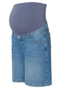 Maternity denim shorts with a blue elastic waistband, made of light blue denim, featuring front pockets and a relaxed fit design.