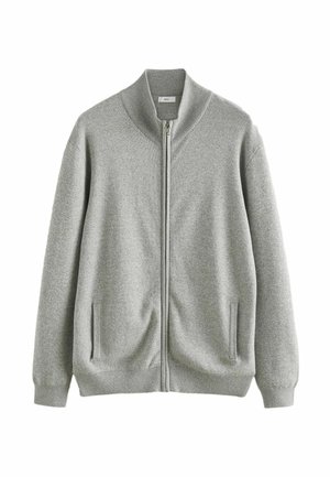 Šedý zip-up cardigan vyrobený z texturované látky, s vysokým límcem, dvěma bočními kapsami a žebrovanými manžetami a lemem.