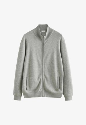 Grijze ritsvest gemaakt van textuurstof, met een hoge kraag, twee zijzakken en ribgebreide manchetten en zoom.