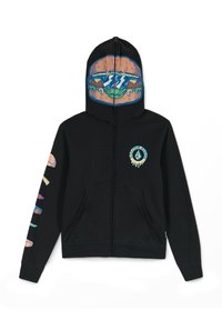 Felpa nera con zip e un design grafico di un hamburger sul cappuccio, con accenti colorati sulle maniche e un logo sul petto.
