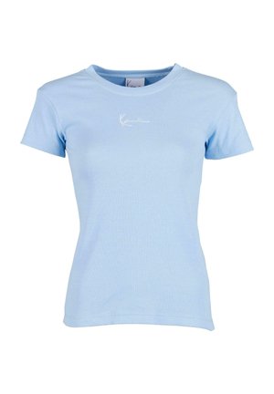 Helle blau gestreifte T-Shirt mit kurzen Ärmeln und Rundhalsausschnitt. Verfügt über ein kleines weißes Logo auf der linken Brustseite. Baumwollmischgewebe.