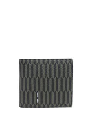 Portafoglio nero bifold con motivo a strisce verticali geometriche e logo "Armani Exchange" nell'angolo inferiore anteriore.