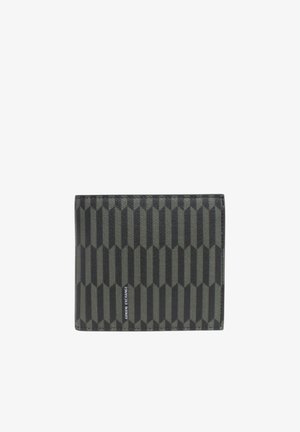Portafoglio nero bifold con motivo a strisce verticali geometriche e logo "Armani Exchange" nell'angolo inferiore anteriore.