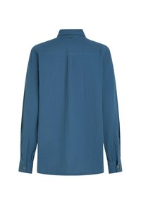 Blauwe, langemouwenshirt met een gestructureerd patroon, kraag en knoopmanchetten. De achteraanzicht benadrukt een yoke en subtiele branding.