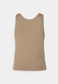 Beige ribbad ärmlös topp med rund halsringning, tillverkad av ett texturerat stickat tyg, med en figurnära silhuett och sidslitsar.