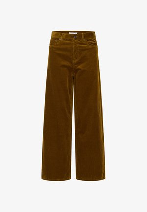 Wide-leg corduroy pants in a rich mustard color with vertical ribbing. Featuring a button and zip fly and front pockets.