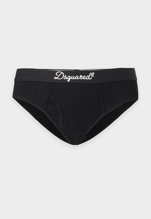 Slips noirs pour hommes en tissu côtelé avec une taille noire arborant une broderie du logo "Dsquared2" blanc au centre devant.