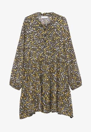 Robe à manches longues en tissu sombre ornée d'un motif floral avec des fleurs jaunes, blanches et bleues. Fermeture par boutons sur le devant et taille froncée.