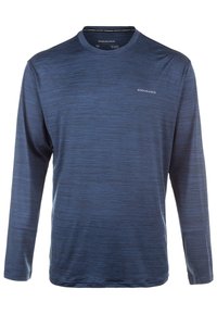 Langärmliges Sportshirt in Dunkelblau, aus weichem, strukturiertem Stoff mit einem dezenten Melange-Muster und einem kleinen Logo auf der Brust.