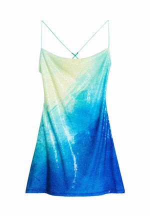 Sleeveless dress with a gradient from light green to deep blue, featuring sequins and thin straps, creating a smooth, textured surface.