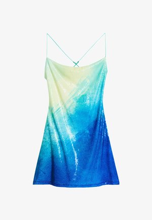 Abito senza maniche con una sfumatura dal verde chiaro al blu profondo, caratterizzato da paillettes e spalline sottili, creando una superficie liscia e strutturata.