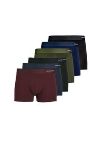 Sieben Paar Baumwollboxershorts in burgunderrot, schwarz, dunkelblau, dunkelgrün und zwei Schattierungen von schieferblau, mit elastischen Taillenbändern.