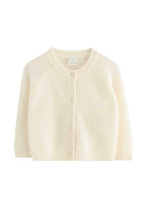 Crèmekleurige gebreide cardigan met lange mouwen, ronde hals en vier knopen aan de voorkant, plat uitgespreid op een witte achtergrond.