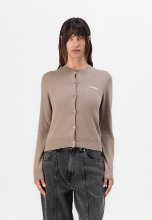 Light brown knit cardigan with a round neckline, front button closure, and ribbed cuffs. Features a logo embroidered on the left side.