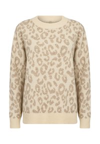 Beige tröja med rundad halsringning och långa ärmar, prydd med ett leopardmönster i en ljusare tan-färg. Ribbstickade mudd och fåll.