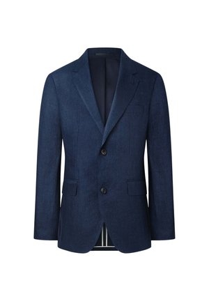 Navy blue blazer made of textured fabric, featuring a notch lapel, two buttons, and two front pockets. Single vent at the back.