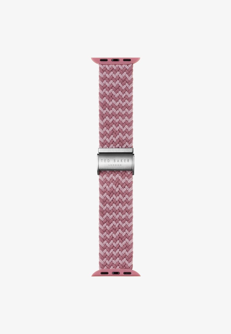 Banda de reloj inteligente de tela tejida en rosa suave con un patrón de espiga, que presenta un cierre de metal plateado grabado con "TED BAKER LONDON."