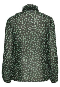 Svart genomskinlig blus med hög volangkrage, prydd med ett grönt blommönster, med långa ärmar och en lös passform.