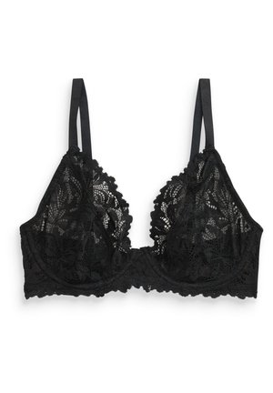 Bralette en dentelle noire avec motifs floraux, bretelles réglables et bords festonnés. Tissu doux avec un design semi-transparent.