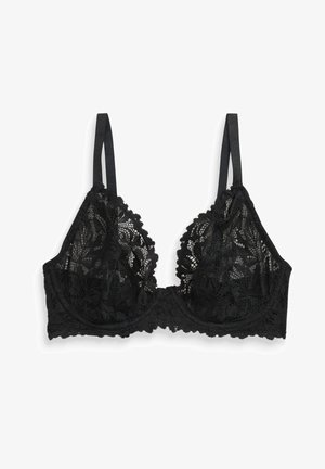 Bralette en dentelle noire avec motifs floraux, bretelles réglables et bords festonnés. Tissu doux avec un design semi-transparent.