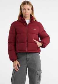 Donna che indossa un piumino rosso di Guess Jeans con cerniera, in piedi con una mano nella tasca e pantaloni cargo grigi su uno sfondo bianco.