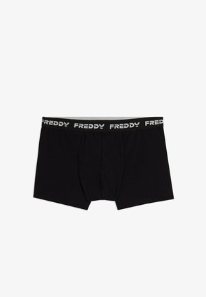 Boxer da uomo neri in cotone, con una cintura grigia su cui è stampato "FREDDY" in bianco. Il design è semplice e funzionale.