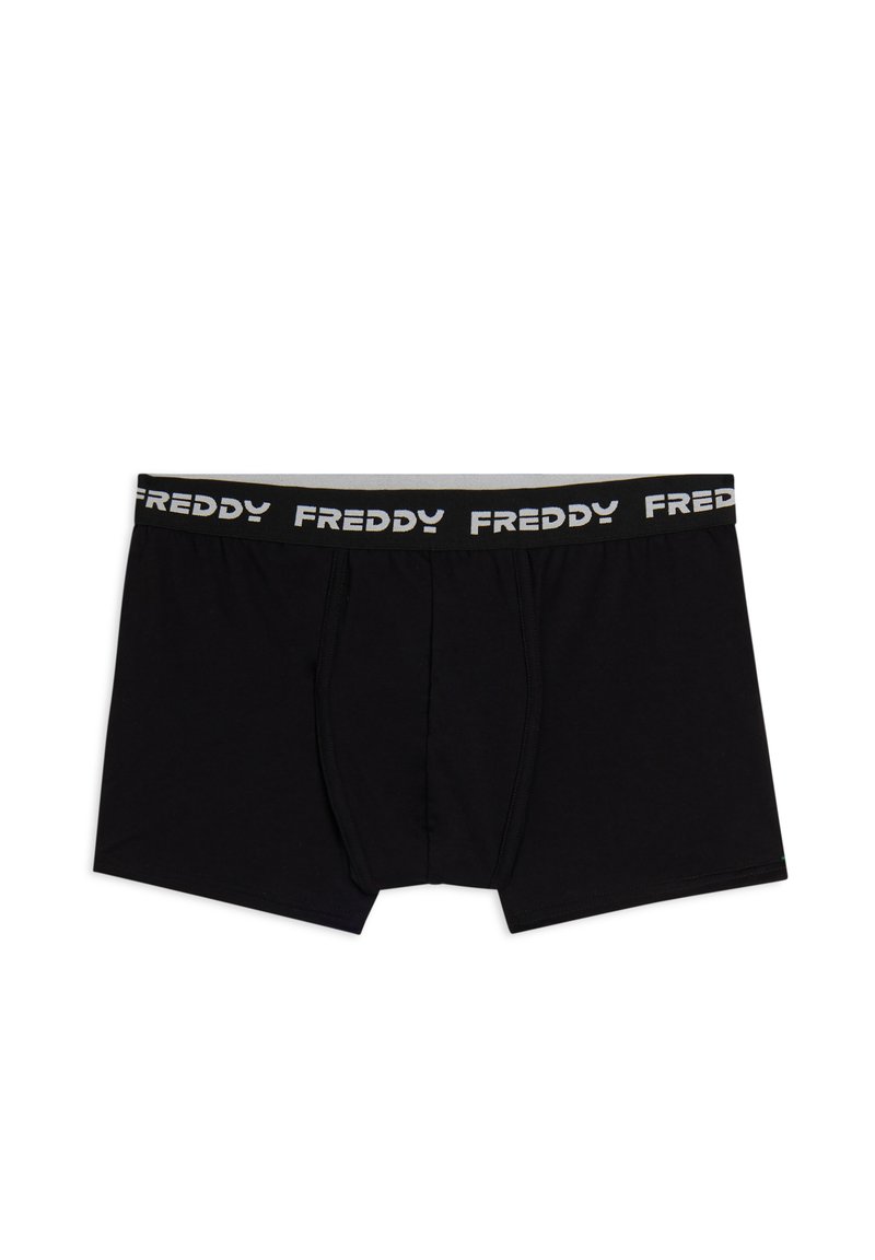 Boxer da uomo neri in cotone, con una cintura grigia su cui è stampato "FREDDY" in bianco. Il design è semplice e funzionale.