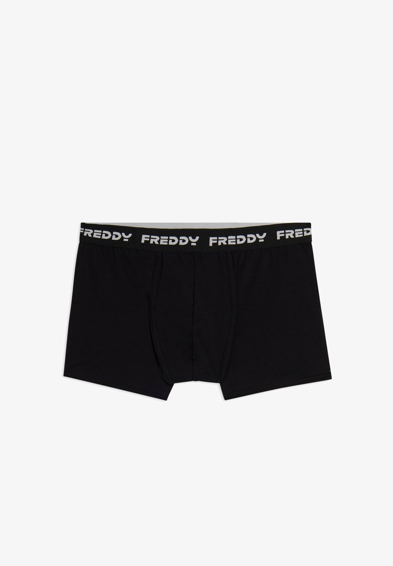 Boxer da uomo neri in cotone, con una cintura grigia su cui è stampato "FREDDY" in bianco. Il design è semplice e funzionale.