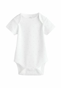 Kortærmet babybodystocking i hvid bomuld med lyseblåt stjernemønster, rund halsudskæring og trykknapper i bunden for nem omklædning.