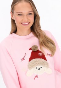 Sudadera de color rosa claro con un aplique texturizado de cachorro con un sombrero rojo, detalles bordados en rojo y blanco, y un suave cuello de forro polar.