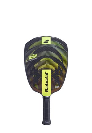 Pickleball-ketsjer med en sort tekstureret overflade, gule accenter og et bredt håndtag. Har cirkulære designmønstre og brandlogo.