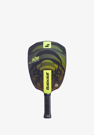 Pickleball-ketsjer med en sort tekstureret overflade, gule accenter og et bredt håndtag. Har cirkulære designmønstre og brandlogo.