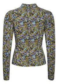 Maglia a maniche lunghe con motivo floreale colorato in verde, viola e blu. Presenta un collo alto e un design aderente con dettagli di cucitura minimi.