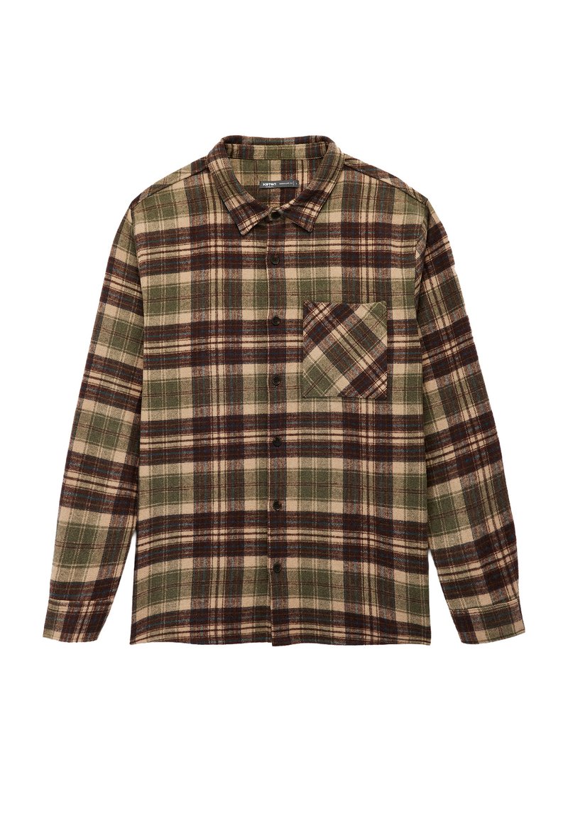 Groen en beige geruite flanellen shirt met lange mouwen, knoopsluiting en een borstzak. Geweven stof met donkerbruine accenten.