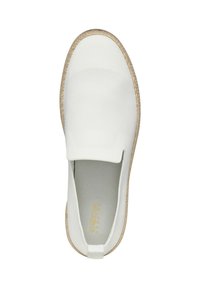 Scarpa bianca slip-on con tomaia in tela testurizzata e pannelli elastici ai lati, caratterizzata da un bordo in juta stile espadrille beige e logo sulla soletta.