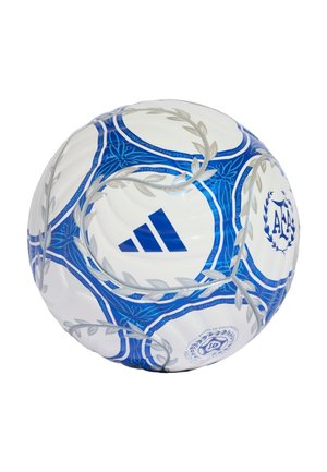 Balón de fútbol Adidas blanco y azul con diseños florales y de corona de laurel y logotipos de la Asociación de Fútbol de Argentina.