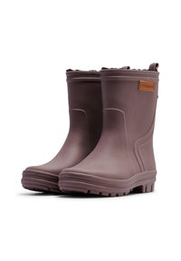 Stivali da pioggia in gomma viola con superficie testurizzata, altezza alla caviglia e fodera morbida. Presentano un'etichetta in pelle marrone sul lato e suole spesse con battistrada.