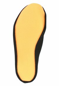 Zwarte stoffen schoeninlegzool met een gevoerde gele schuimtop, met een gladde textuur en ronde randen voor comfort en ondersteuning.
