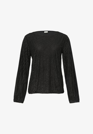 Haut noir à manches longues en tissu texturé avec des rayures verticales, présentant un col rond et des poignets ajustés.