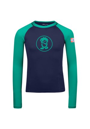 Long-sleeve rash guard in navy blue with teal sleeves. Features a playful cartoon logo at the chest and a small Norwegian flag on the sleeve.