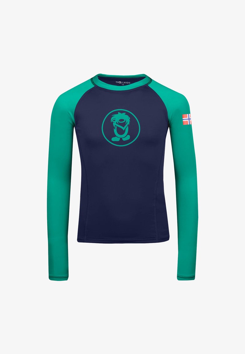 Langärmliger Rash Guard in Marineblau mit türkisen Ärmeln. Mit einem verspielten Cartoon-Logo auf der Brust und einer kleinen norwegischen Flagge am Ärmel.