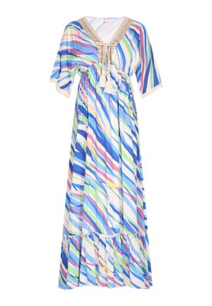 Multicolored maxi dress with blue, green, pink, and white stripes. Features a V-neckline, tassels, and lace accents on sleeves. Soft fabric.