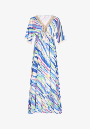 Többszínű maxi ruha kék, zöld, rózsaszín és fehér csíkokkal. V-nyakú, bojtokkal és csipke díszítéssel a ujjakon. Puha anyag.